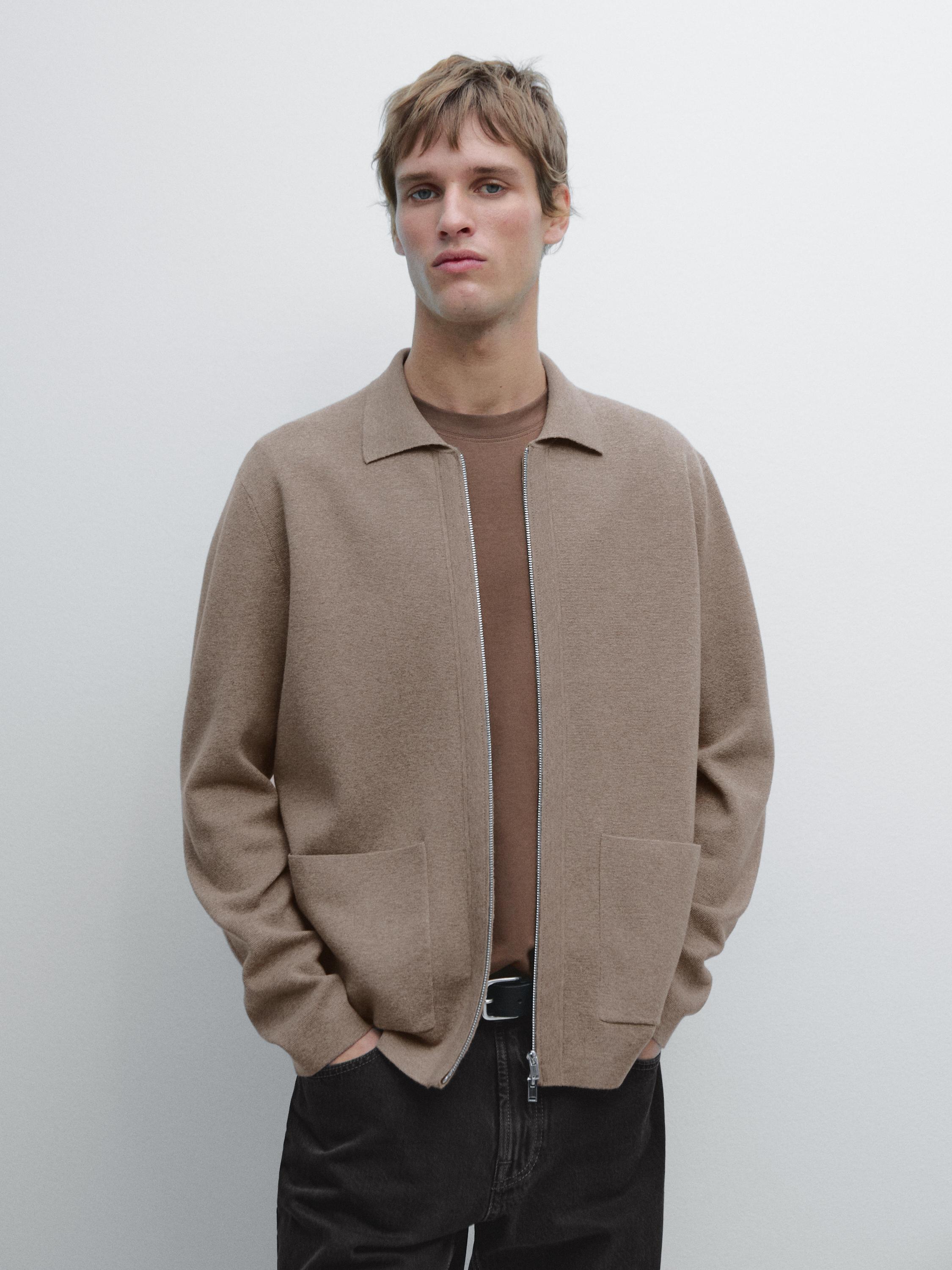 Zip-up knit cotton and wool blend cardigan with pockets